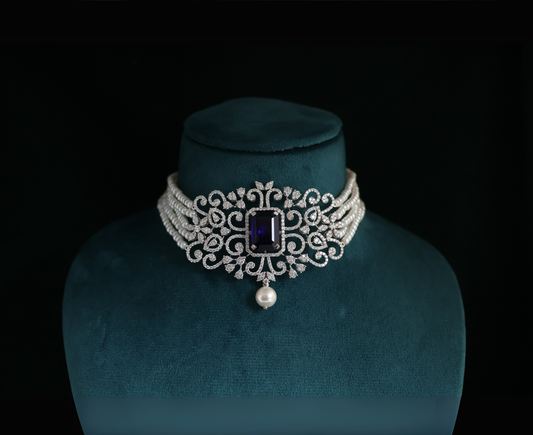 Zaimond Pearl & Diamond Choker with Blue Gem